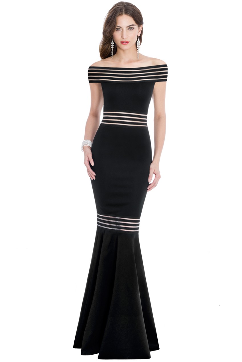 W25024 Black Fishtail Maxi Dress